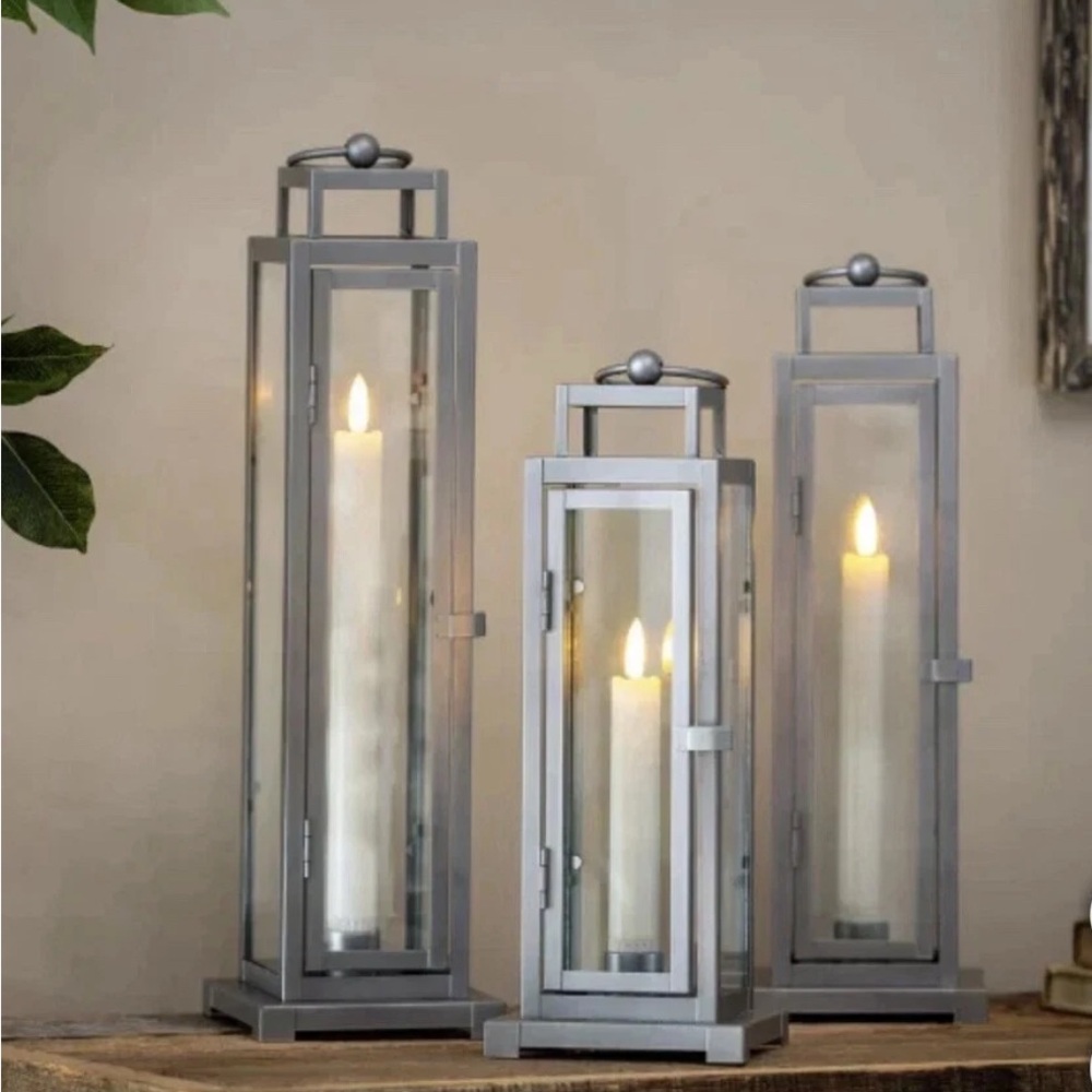 NEW Tower Lantern Set of 3 –LED Tapered Candle, Gray Finish, Remote Included